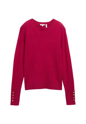 Fuchsia gebreide trui met lange mouwen, een ronde hals en gouden knoopaccenten op de manchetten. Soepele textuur en een ontspannen pasvorm.