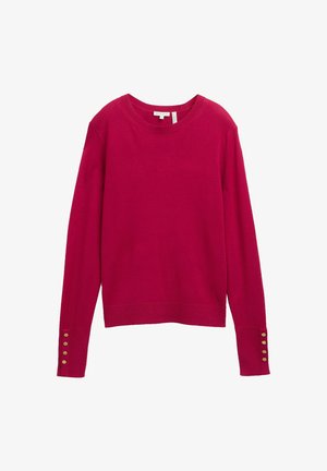 Fuchsia gebreide trui met lange mouwen, een ronde hals en gouden knoopaccenten op de manchetten. Soepele textuur en een ontspannen pasvorm.
