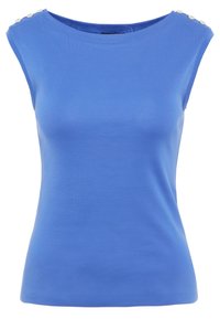 Blå ärmlös topp i mjukt tyg, med rund halsringning och dekorativa knappar på vänster axel.