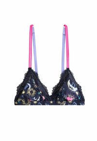 Schwarze dreieckige Bralette mit Spitzenbesatz, die bunte himmlische Muster zeigt. Die Träger sind in Pink und Lavendel gehalten und kontrastieren mit dem dunklen Stoff.