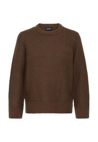 Brauner gestrickter Pullover mit rundem Halsausschnitt, strukturiertem Muster und geripptem Saum sowie Ärmeln. Aus weichem Stoff für hohen Tragekomfort.