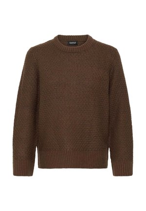 Brown knitted sweater with a round neckline, textured pattern, and ribbed hem and cuffs. Made of soft fabric for comfort.