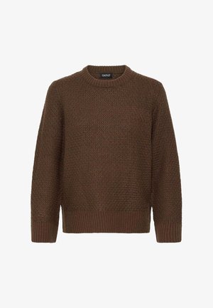 Bruine gebreide trui met een ronde halslijn, een gestructureerd patroon en geribde onderkant en manchetten. Gemaakt van zachte stof voor comfort.