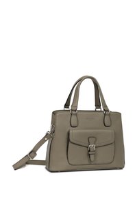 Borsa a tracolla in similpelle verde oliva con manici superiori e una tracolla regolabile, caratterizzata da una tasca frontale con un'aaccento a fibbia.