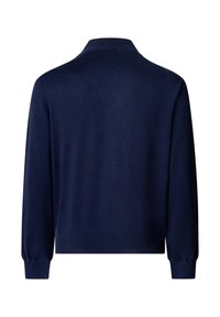 Suéter de manga larga azul marino con puños, dobladillo y cuello alto acanalados, mostrado desde atrás sobre un fondo blanco.