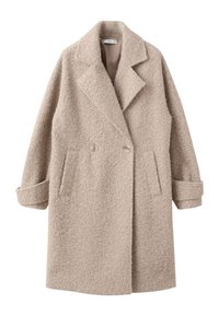 Abrigo beige de doble botonadura hecho de lana texturizada, con cuello de muesca y bolsillos laterales, puños enrollados y un acabado suave.