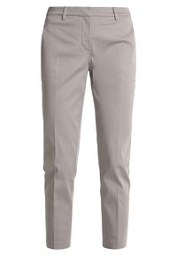 Světle šedé kalhoty s přizpůsobeným střihem, s plochým předním dílem, poutky na opasek a hladkou texturou. Zkrácená délka a minimální detaily.