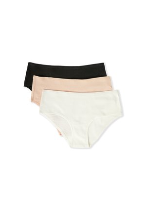 Tres braguitas tipo hipster de mujer con canalé en blanco, beige y negro, apiladas sobre un fondo blanco.