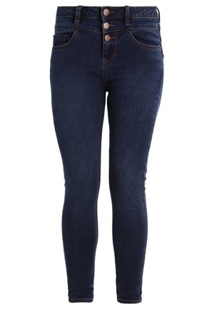 Dunkelblaue Skinny-Jeans mit hoher Taille, drei Kupferknöpfen und Fronttaschen auf weißem Hintergrund.