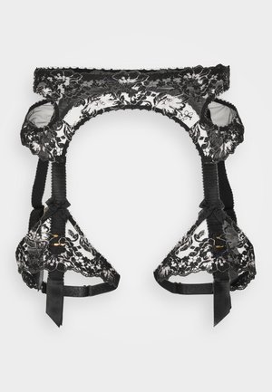 Černý krajkový podvazkový pás s květinovým vzorem, elastickými pásky, třemi klipy a saténovými mašlemi; poloprůsvitný s jemnými detaily po celém povrchu.