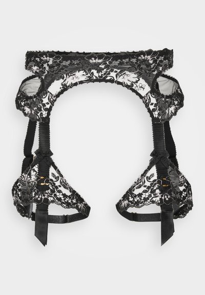 Črn čipkast podrženik z rožnatim vzorcem, elastičnimi trakovi, tremi sponkami in satenastimi pentljami; polprosojen in z zapletenim detajliranjem po celotni površini.