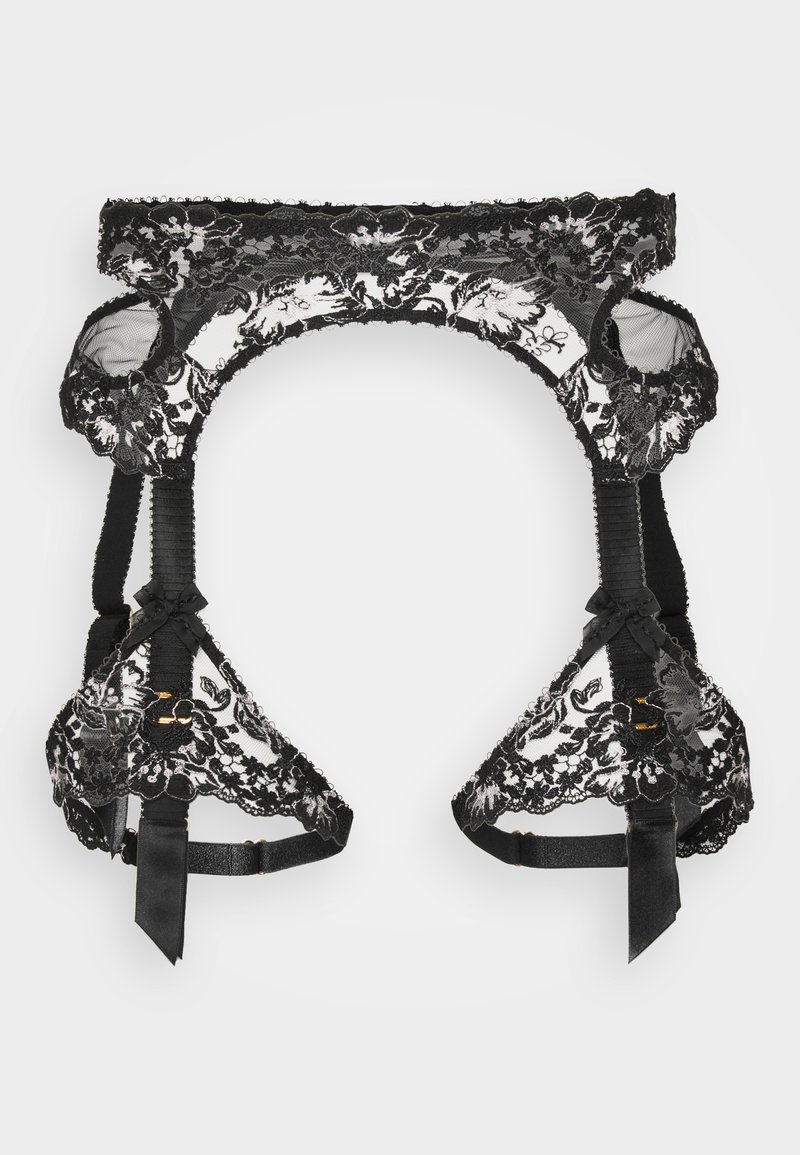 Cintura in pizzo nero con motivo floreale, elastici, tre ganci e decorazioni in nastro di satin; semi-trasparente e con dettagli intricati in tutto.