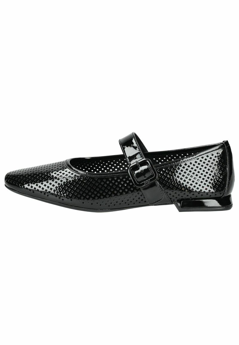 Chaussure plate Mary Jane en cuir verni noir avec motif en losanges perforés et bride à boucle sur le cou-de-pied.