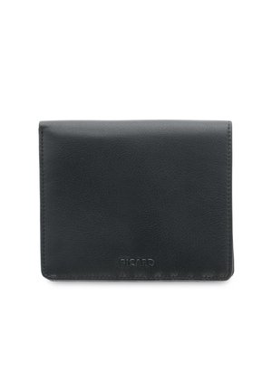 Schwarze Lederbrieftasche mit strukturierter Oberfläche, ausgestattet mit einer glatten Frontklappe und geprägtem Markenlogo. Rechteckige Form, minimale Metallteile.