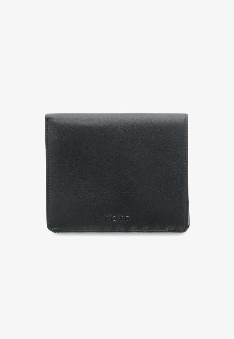 Portefeuille en cuir noir à finition texturée, doté d'un rabat avant lisse et d'un logo embossé. Forme rectangulaire, matériel minimaliste.