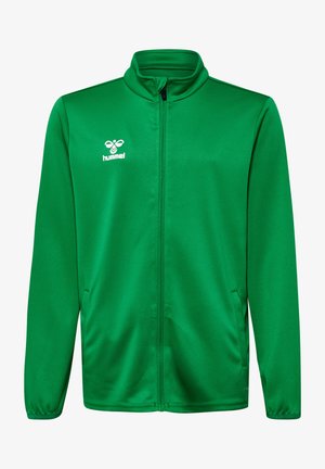 Junge steht und trägt eine grüne Sportjacke mit Reißverschluss und schwarze Sporthose mit schwarzen Sneakers vor einem schlichten hellen Hintergrund.