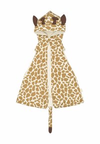 Peleryna z kapturem w wzór żyrafy, z brązowymi plamami na kremowym tle. Posiada akcenty uszu, ogon i zawiązane zapięcie na szyi.