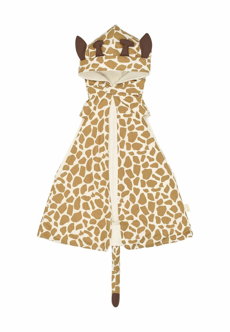 Peleryna z kapturem w wzór żyrafy, z brązowymi plamami na kremowym tle. Posiada akcenty uszu, ogon i zawiązane zapięcie na szyi.