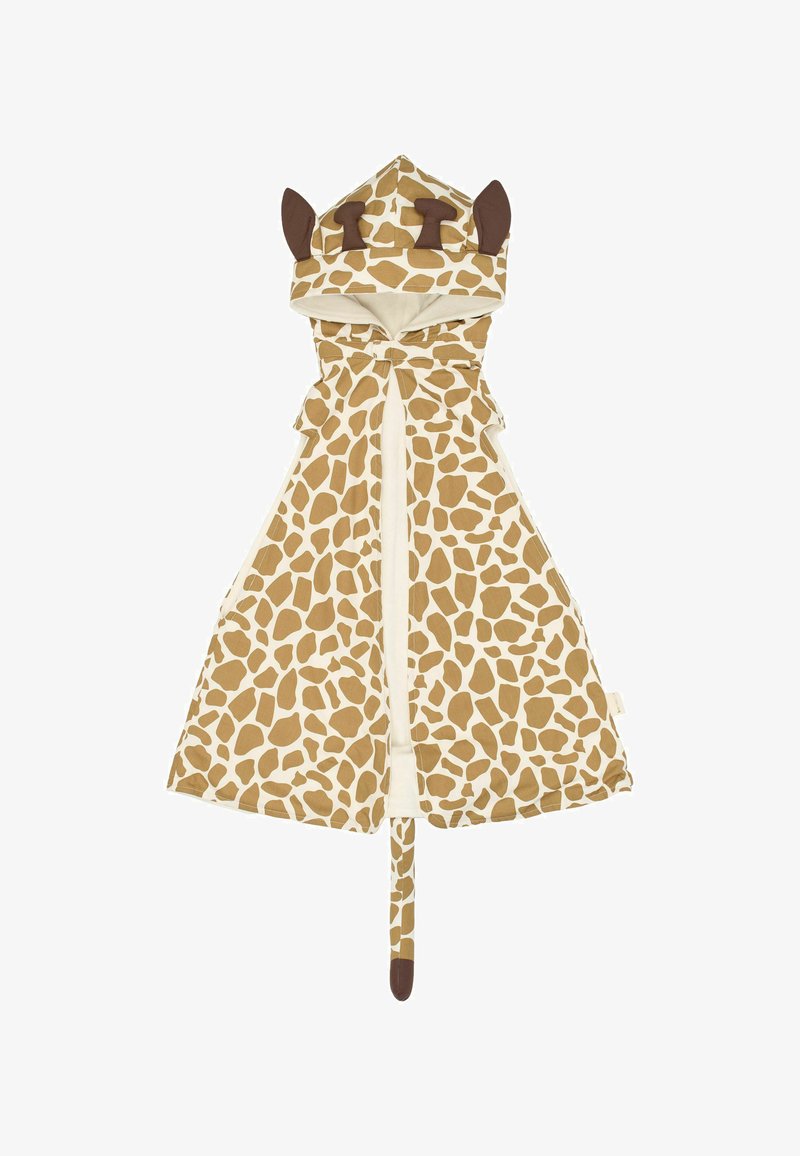 Peleryna z kapturem w wzór żyrafy, z brązowymi plamami na kremowym tle. Posiada akcenty uszu, ogon i zawiązane zapięcie na szyi.