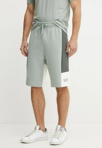 Pantaloni sportivi di colore verde chiaro con pannelli laterali grigio scuro, vita elastica e un accento bianco con logo nell'angolo inferiore.