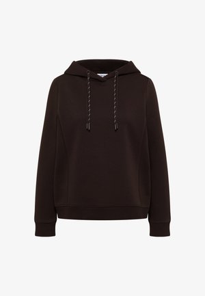 Ciemnobrązowa bluza z długim rękawem, z kieszeniami kangurzymi z przodu oraz czarnymi sznurkami ze białymi przeszyciami na kapturze.