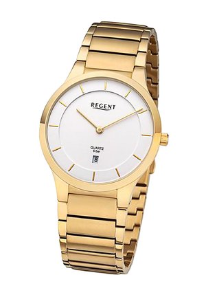 Montre en quartz finition dorée avec un cadran blanc, des index horaires minimalistes et un affichage de la date. Équipée d'un bracelet en métal doré à maillons.