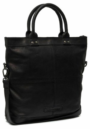 Schwarze Ledertasche mit doppelten oberen Griffen, einem abnehmbaren Schultergurt und sichtbaren Nähten. Glatte Textur mit minimalen Hardware-Details.