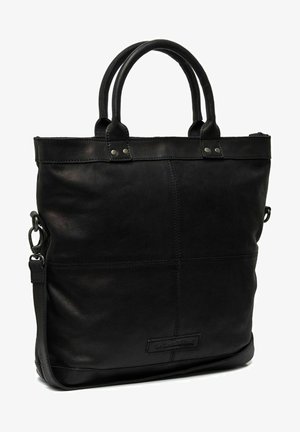 Zwarte leren totebag met dubbele bovenhandvatten, een afneembare schouderriem en zichtbare stiksels. Gladde textuur met minimale hardwareaccenten.