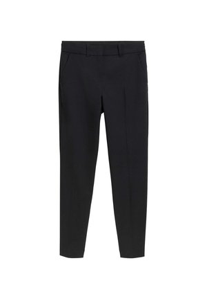 Schwarze, taillierte Slim-Fit-Ankle-Hosen mit Gürtelschlaufen und Fronttaschen auf einem weißen Hintergrund.
