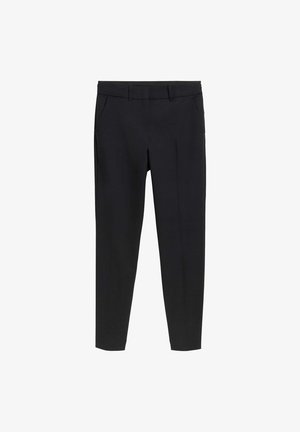 Pantalons noirs ajustés coupe slim, longueur cheville, avec passants de ceinture et poches avant sur fond blanc.