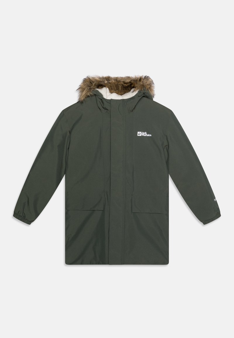 Roheline veekindel parka jope, millel on karvane kapuuts, esi tõmblukuga, kaks suurt eesmist taskut ja elastsed mansetid. Rinnal logo.