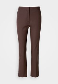 Brown tailored pants with a slim fit, featuring a flat front, subtle side pockets, and a smooth, slightly stretchy fabric.
