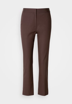 Brown tailored pants with a slim fit, featuring a flat front, subtle side pockets, and a smooth, slightly stretchy fabric.