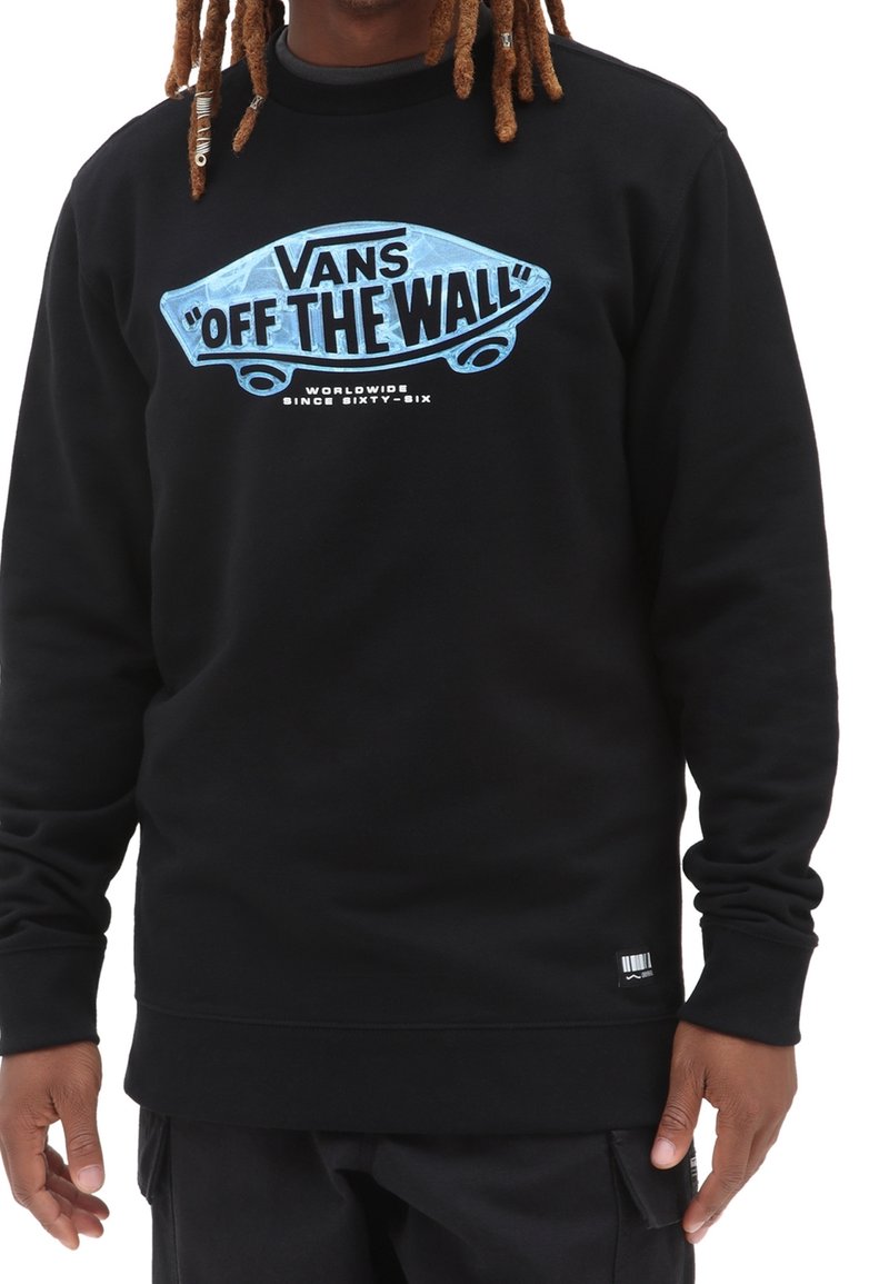 Felpa nera con maniche lunghe, caratterizzata da una grafica blu "Vans Off The Wall" e testo bianco, realizzata in un morbido tessuto testurizzato.