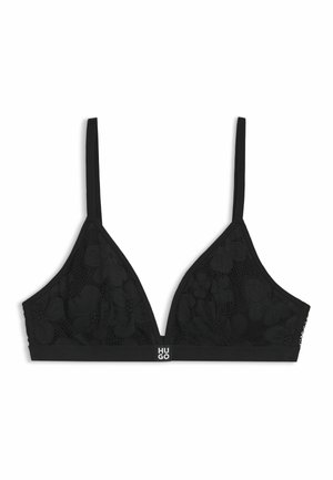 Soutien-gorge triangle en dentelle noire avec bretelles fines réglables et bande élastique avec petit logo "HUGO" au centre devant.