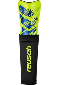 Reusch shin guard featuring a bright yellow and blue hard outer shell with textured patterns, housed in a black fabric sleeve with logo.