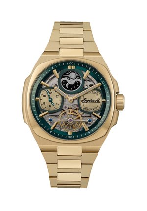 Montre automatique dorée avec un cadran vert, design squelettique révélant des mécanismes complexes, et deux sous-cadrans pour un chronométrage supplémentaire.