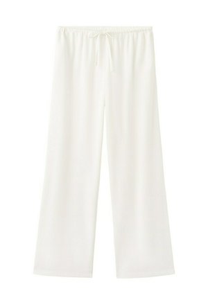 Pantalones blancos de corte holgado con cinturilla elástica y cordón, hechos de tela ligera, sobre un fondo blanco.