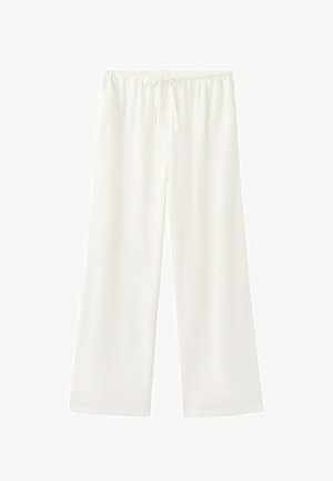 Biele voľné nohavice s elastickým pásom a sťahovacou šnúrkou, vyrobené z ľahkej látky, zobrazené na bielom pozadí.