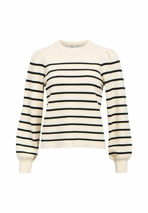Crème gestreepte trui met zwarte horizontale lijnen, een ronde hals en lange opgeblazen mouwen. Gemaakt van een zachte gebreide stof.