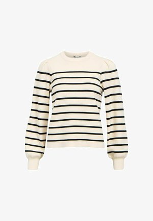 Kremine dryžuota megztinis su juodomis horizontalėmis linijomis, apvalia iškirpte ir pūstomis ilgomis rankovėmis. Pagamintas iš minkštos mezgimo medžiagos.