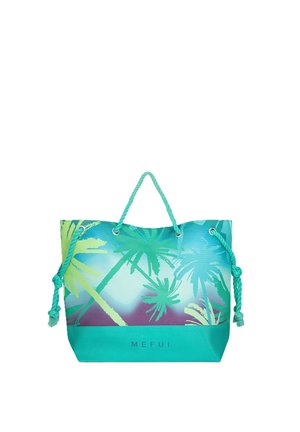 Bolsa de playa turquesa con estampado de palmera, asas de cuerda y logo "MEFUI" en la parte inferior central.