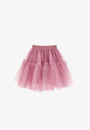 Jupe en tulle à plusieurs couches rose avec une ceinture élastique portant le nom de la marque "Monnalisa" en rose assorti.