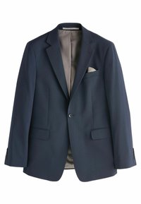 Marineblauer Nadelstreifen-Blazer mit Reverskragen, zwei Vorder-taschen und einer Brusttasche. Futter in Hellgrau, mit knöpfbaren Manschetten.