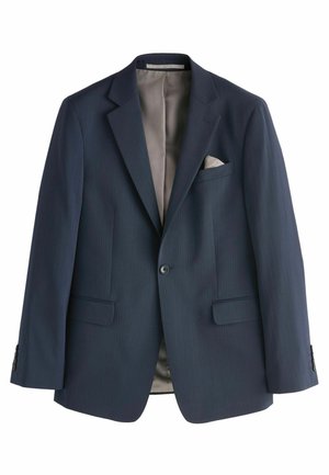 Blazer navy a righe con rever a nido d'ape, due tasche frontali e una tasca sul petto. Interno foderato in grigio chiaro, con polsini abbottonati.