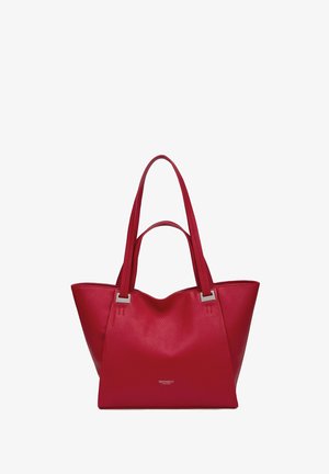 Borsa tote in pelle rossa con due manici lunghi e applicazioni rettangolari color argento, superficie texturizzata e piccolo logo del marchio al centro davanti.