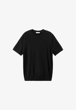 Črna kratkosamostojna puli bluza iz mehkega blaga, z okroglim izrezom in sproščenim krojem, gladke teksture brez vidnih vzorcev.