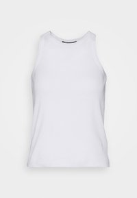 White sleeveless top made of smooth fabric with a round neckline and straight hem. Simple design, no patterns or accents visible.