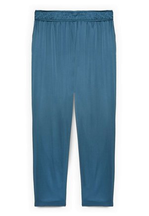 Blå elastiske løstsiddende bukser med lige ben, lavet af letvægtsstof, vist på en hvid baggrund.