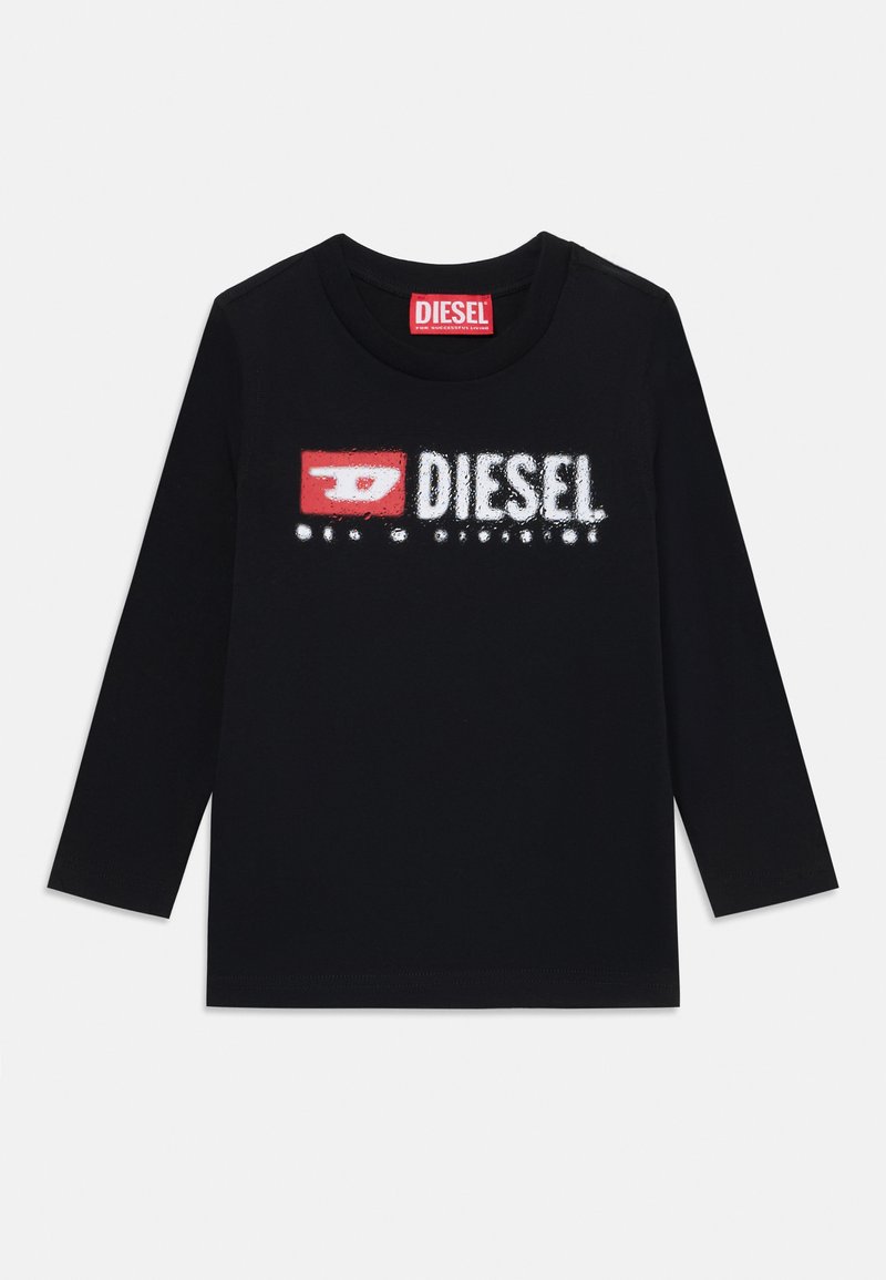 Camisola de manga longa preta feita de algodão, com um design do logótipo "DIESEL" em branco e vermelho na frente, com decote redondo e bainha reta.